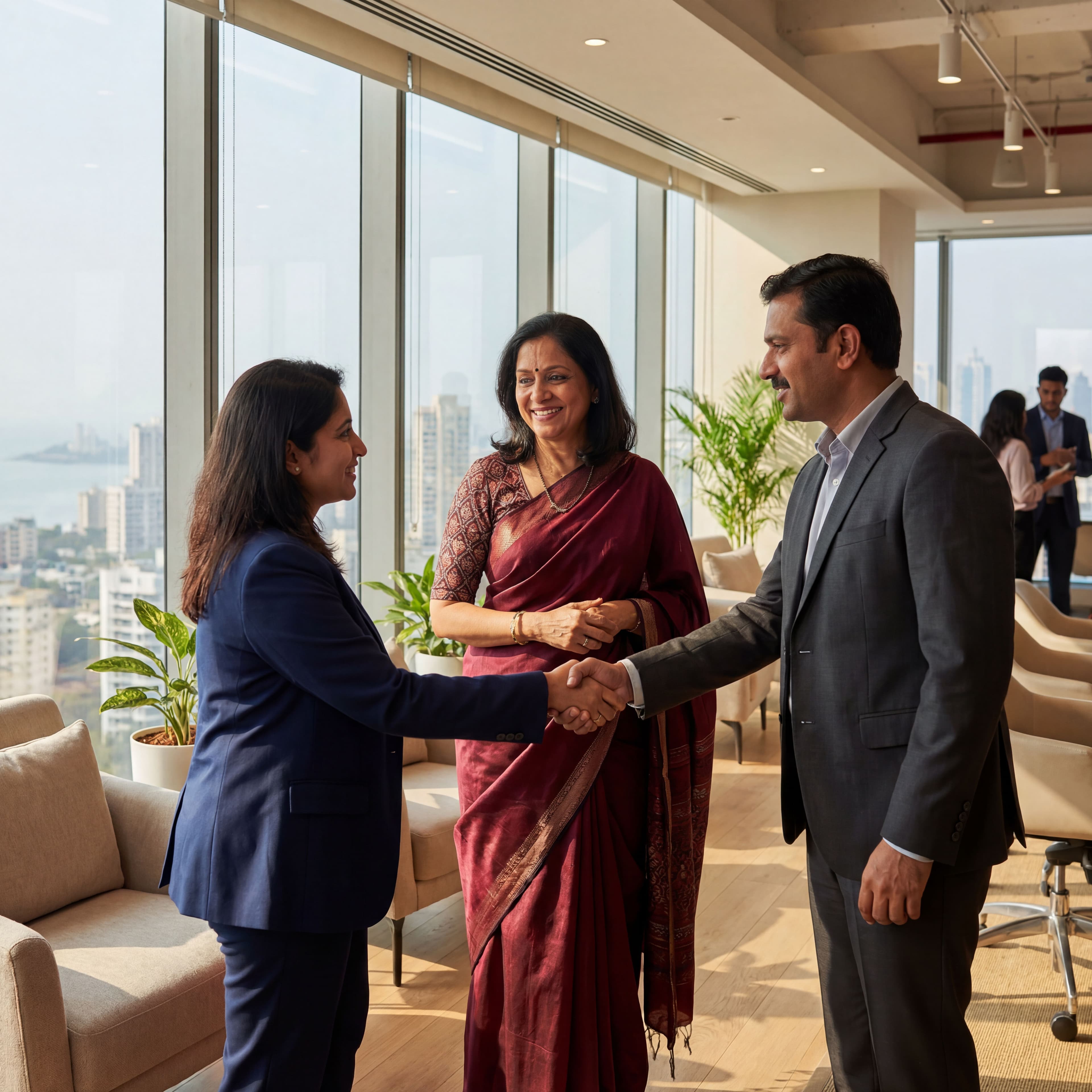 Three Indian professionals in a modern office, representing leadership and collaboration